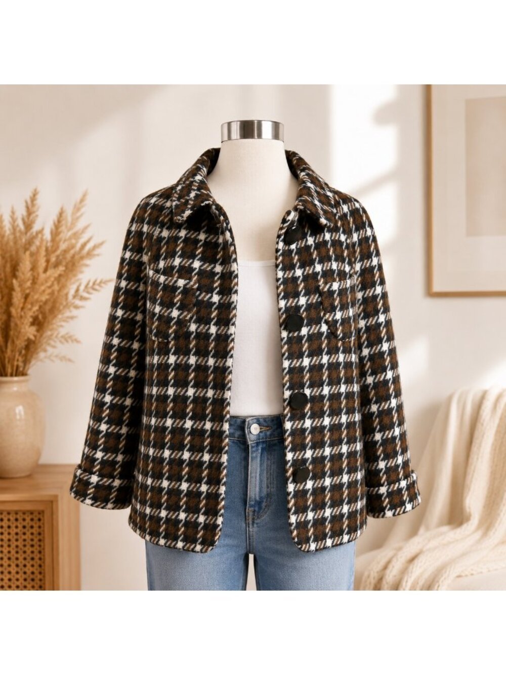 Banana Republic Wool Blend Houndstooth Jacket Coat Size M - Picture 2 of 16